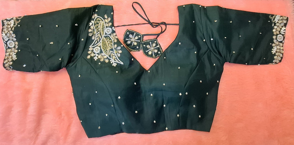 Kia Fashions Bottle Green Hand Embroidered Embroidered Readymade Blouse | Grocsy