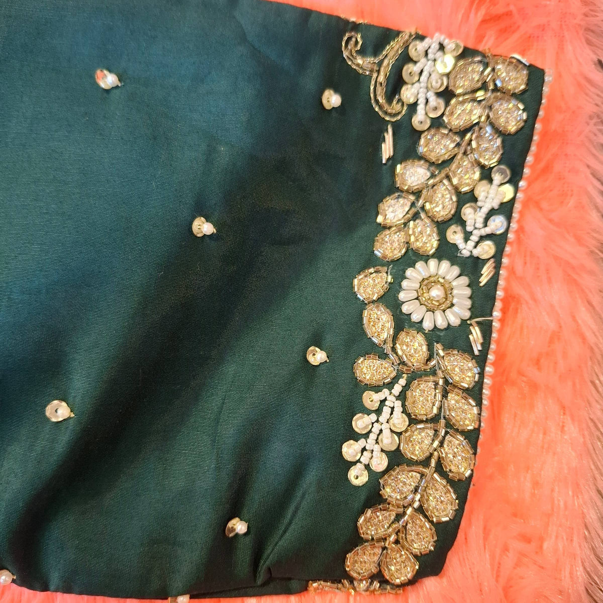 Kia Fashions Bottle Green Hand Embroidered Embroidered Readymade Blouse | Grocsy