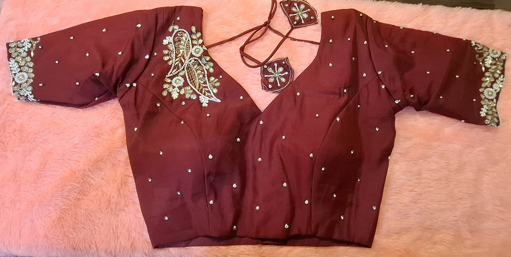 Kia Fashions Maroon Hand Embroidered Embroidered Readymade Blouse | Grocsy