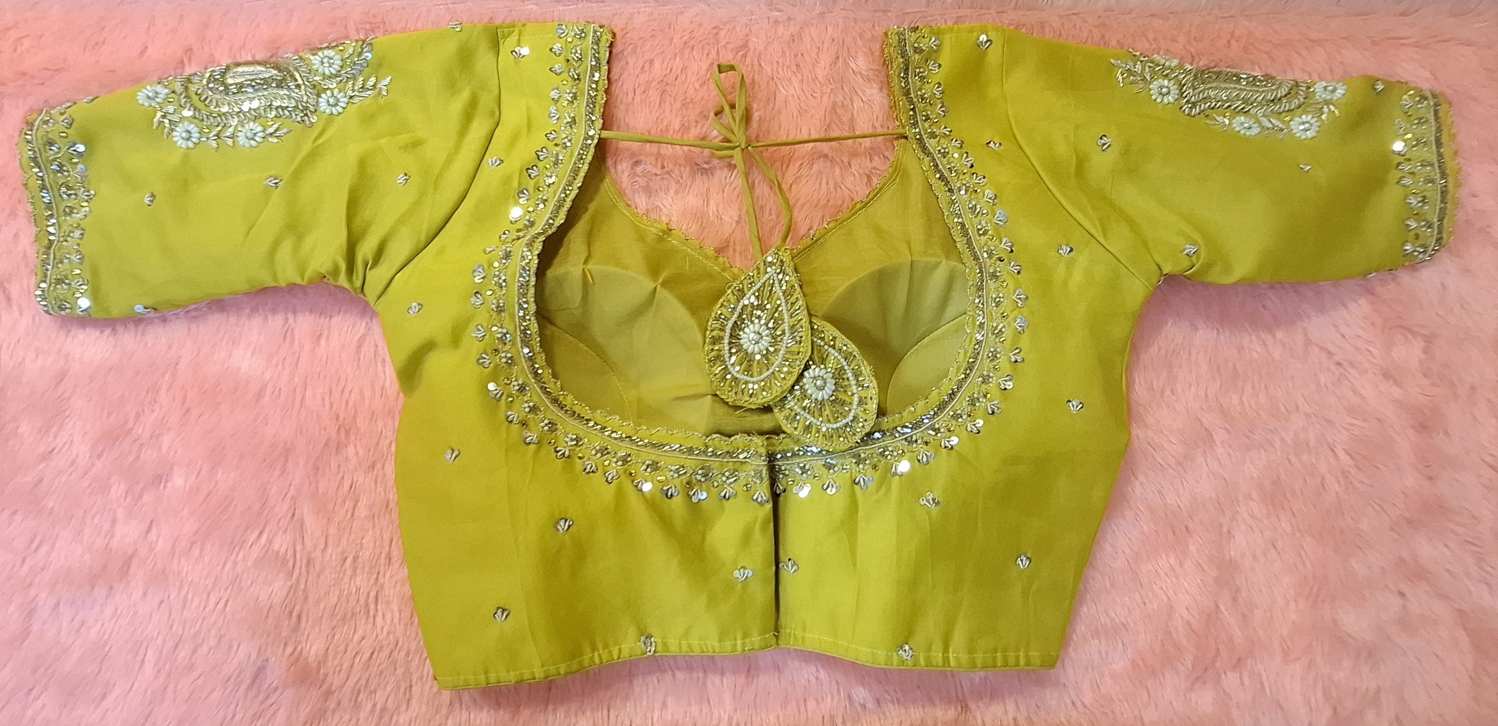 Kia Fashions Mustard Yellow Cotton Silk Hand Embroidered Readymade Blouse | Grocsy