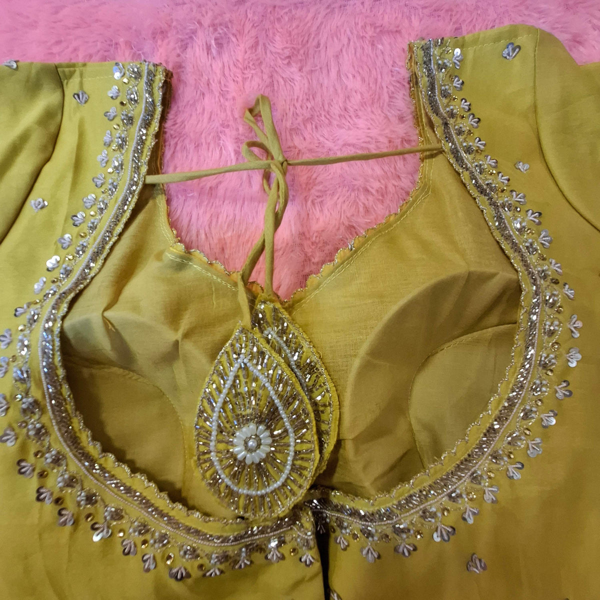 Kia Fashions Mustard Yellow Cotton Silk Hand Embroidered Readymade Blouse | Grocsy