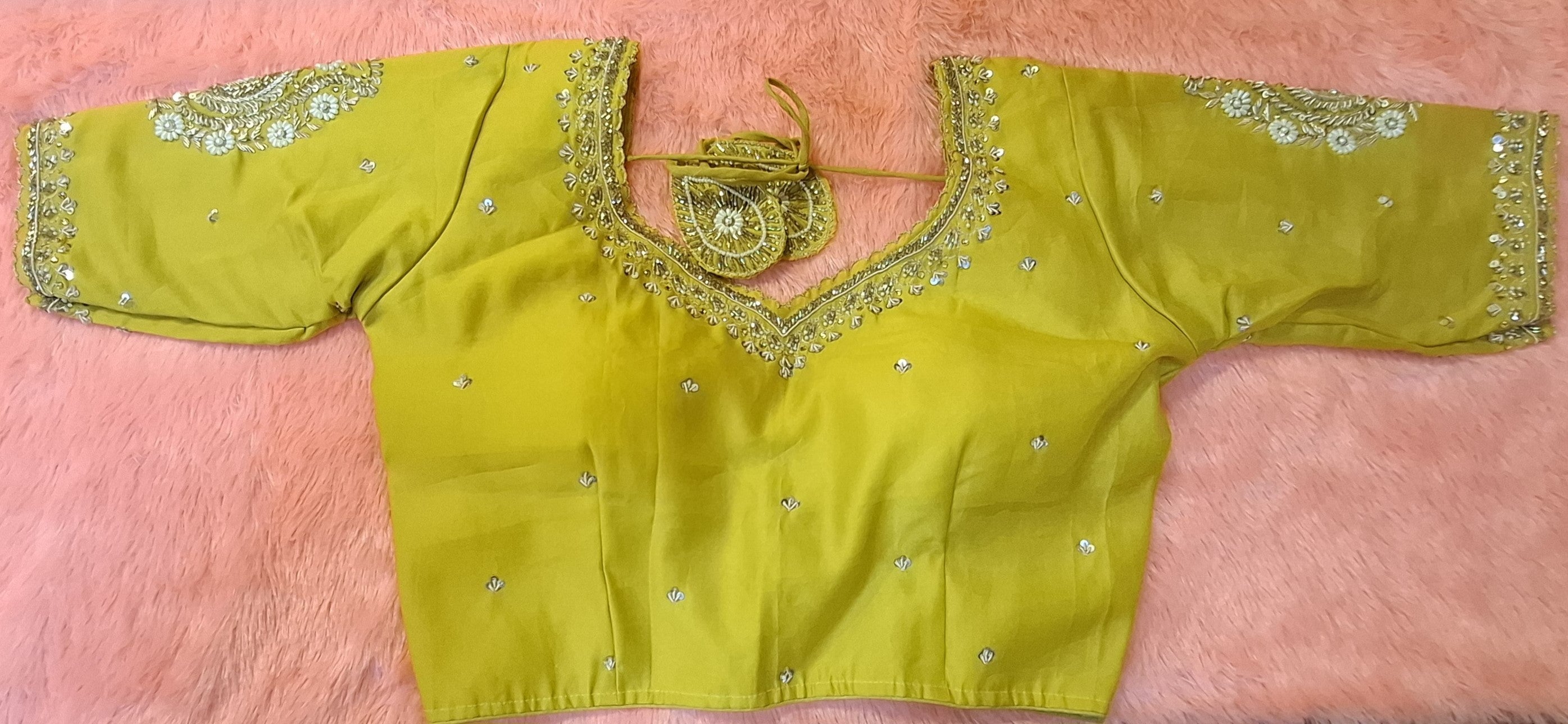 Kia Fashions Mustard Yellow Cotton Silk Hand Embroidered Readymade Blouse | Grocsy