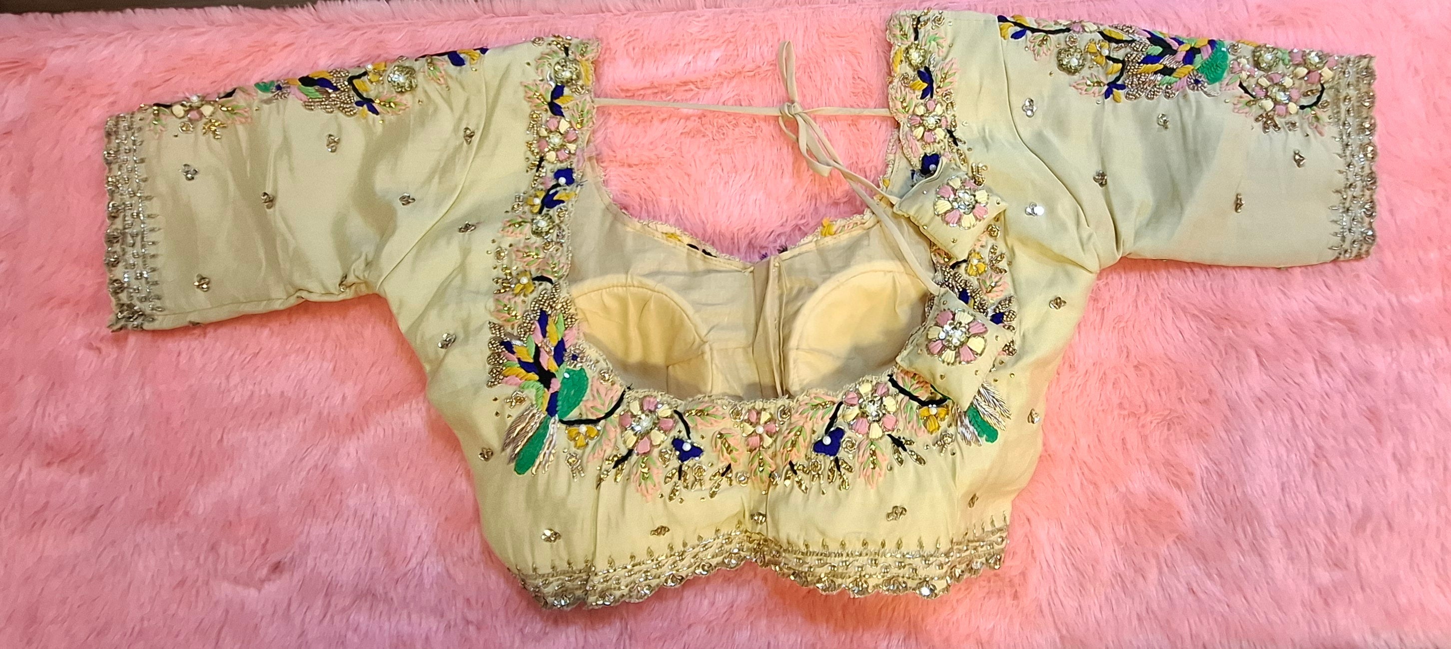 Kia Fashions Cream Hand Embroidered Embroidered Readymade Blouse | Grocsy