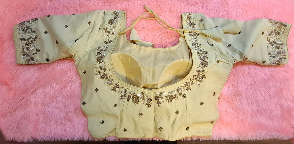 Kia Fashions Beige Cotton Silk Hand Embroidered Readymade Blouse | Grocsy