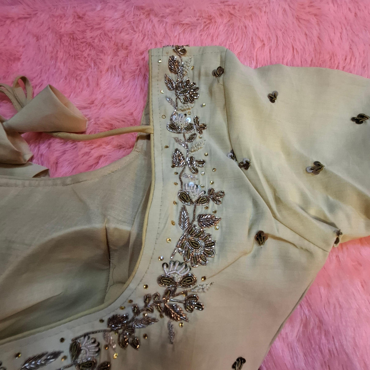 Kia Fashions Beige Cotton Silk Hand Embroidered Readymade Blouse | Grocsy