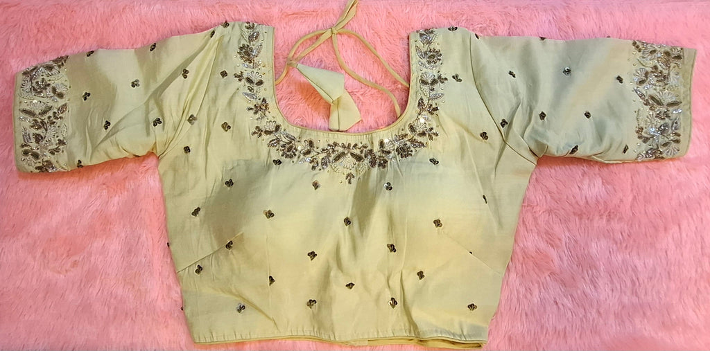 Kia Fashions Beige Cotton Silk Hand Embroidered Readymade Blouse | Grocsy