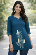 Teeya Creation Womens New Latest Cotton Blue Floral Embroidered Short Kurti | Grocsy