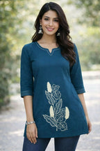 Teeya Creation Womens New Latest Cotton Blue Floral Embroidered Short Kurti | Grocsy