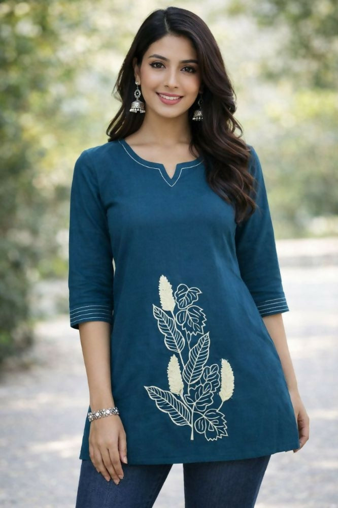 Teeya Creation Womens New Latest Cotton Blue Floral Embroidered Short Kurti | Grocsy
