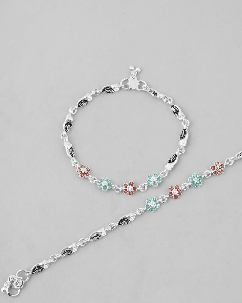 VOJ Set of 2 Stone Studded Mutli Color Flower Shaped Anklet | Grocsy