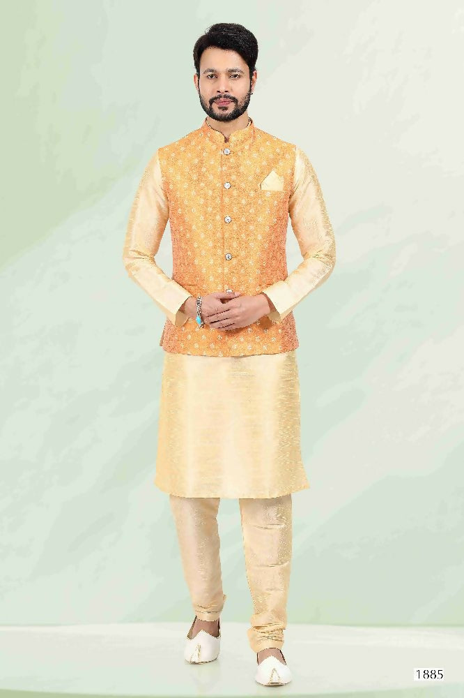 Raivat Ethnic Jacquard Banarasi Silk Woven Work 3 Pics Jacket Set In Mustard Colour | Grocsy