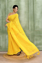 Piyari Fashion Women's Yellow Embellished Cotton Blend Zari Check Handloom Saree | Grocsy