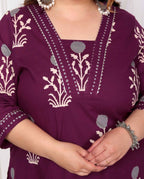 Miravan Women's Plus Size Cotton Fabric Purple Kurta With Palazzo | Grocsy