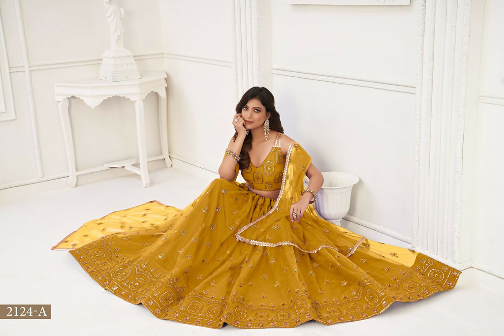 Eilara Women'S Mustard Yellow Butterfly Net With Tone Thread Work And Sandwich Embroidered Work Lehenga Choli For Wedding | Grocsy