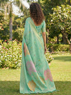 Shree Shyam Fashion Sea Green Linen Cotton Saree | Grocsy