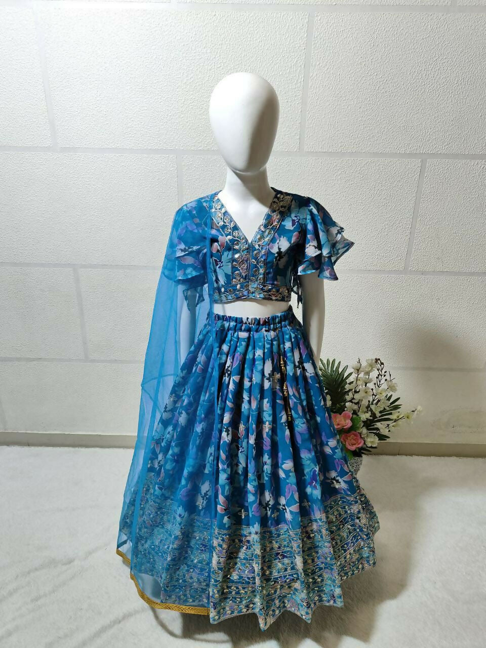 Jyoti Fashion Beautiful Blue Faux Georgette Digital Printed with Sequins Embroidered Kids Lehenga Choli Set | Grocsy