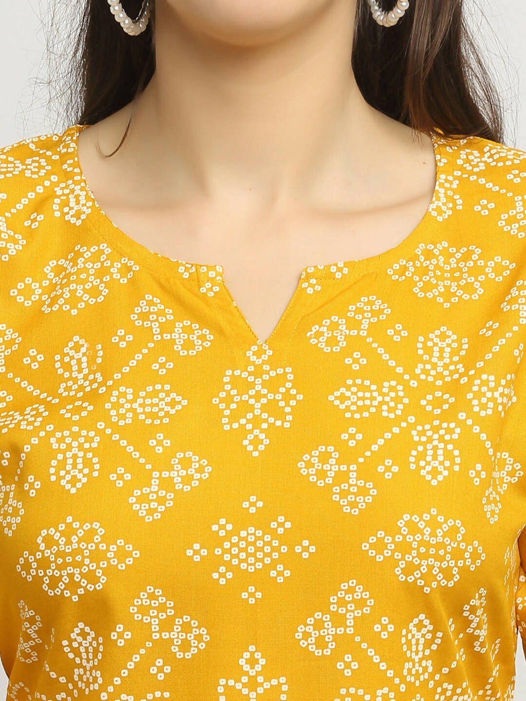 Rudra Bazaar Mustard Printed Bell Sleeve Straight Kurta with Striped Pyjamas | Grocsy