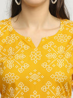 Rudra Bazaar Mustard Printed Bell Sleeve Straight Kurta with Striped Pyjamas | Grocsy