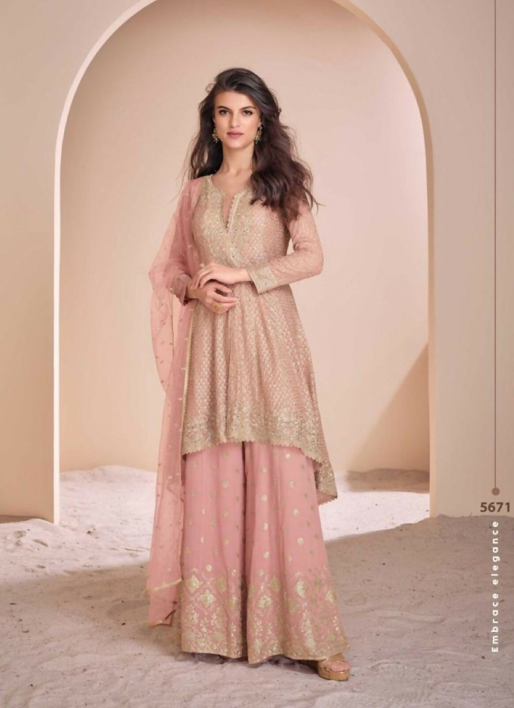 Anaita Peach Georgette Readymade Suit with Codding Dori & Sequence Work | Grocsy