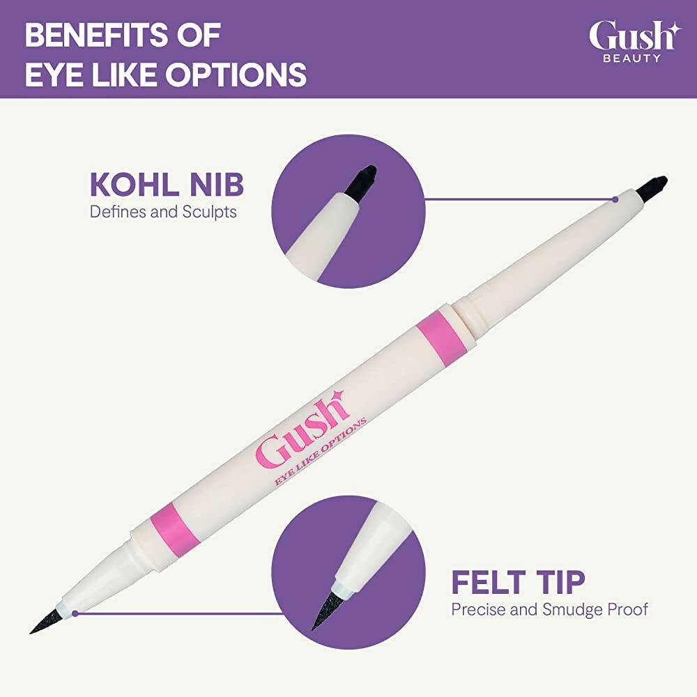 Gush Beauty Dual Ended Kajal & Felt-Tip Liner, Matte Finish Waterproof 2 in 1 - Black | Grocsy