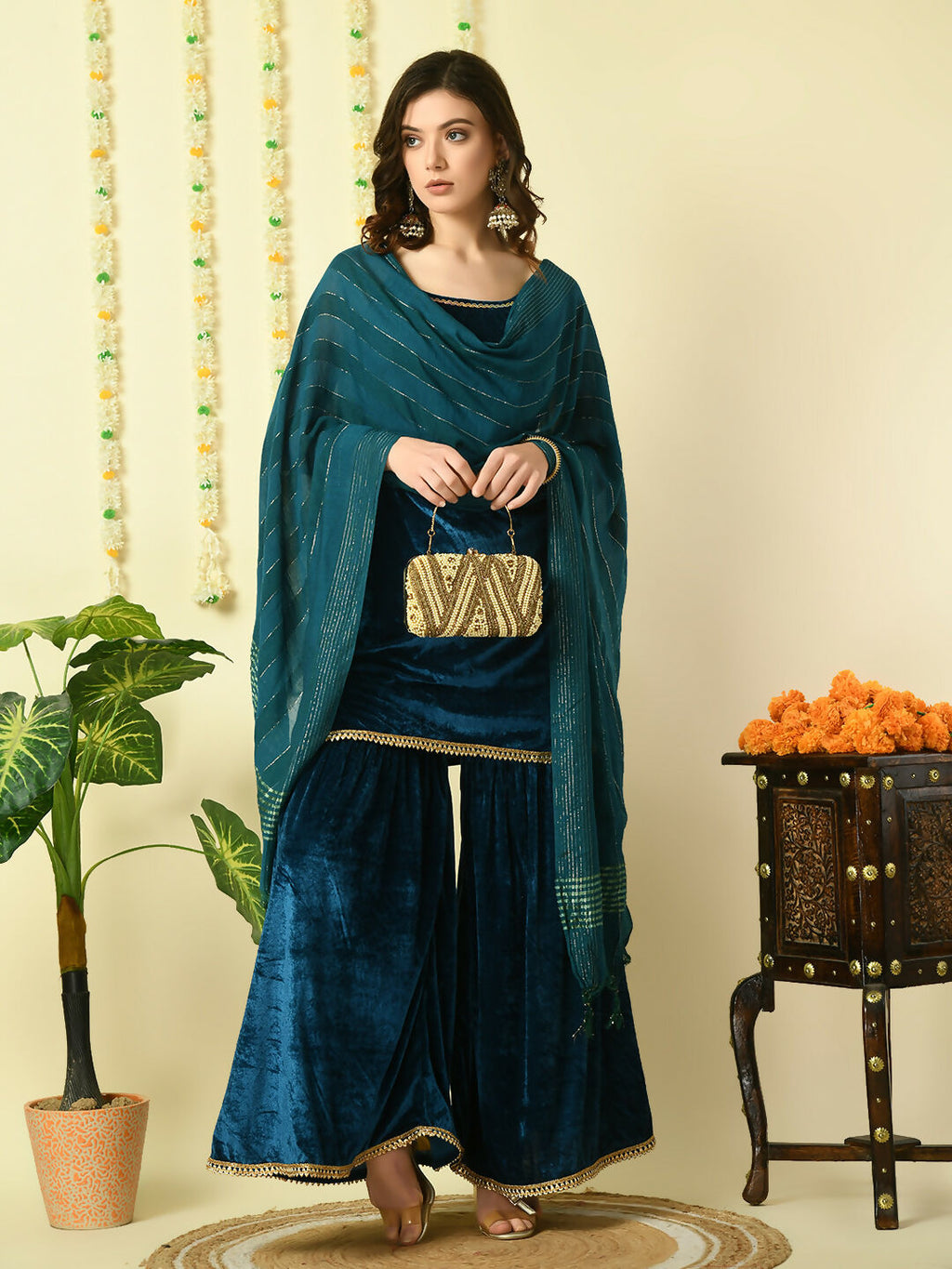 Myshka Women's Teal Velvet Kurti & Sharara With Dupatta Party Sets | Grocsy