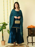 Myshka Women's Teal Velvet Kurti & Sharara With Dupatta Party Sets | Grocsy