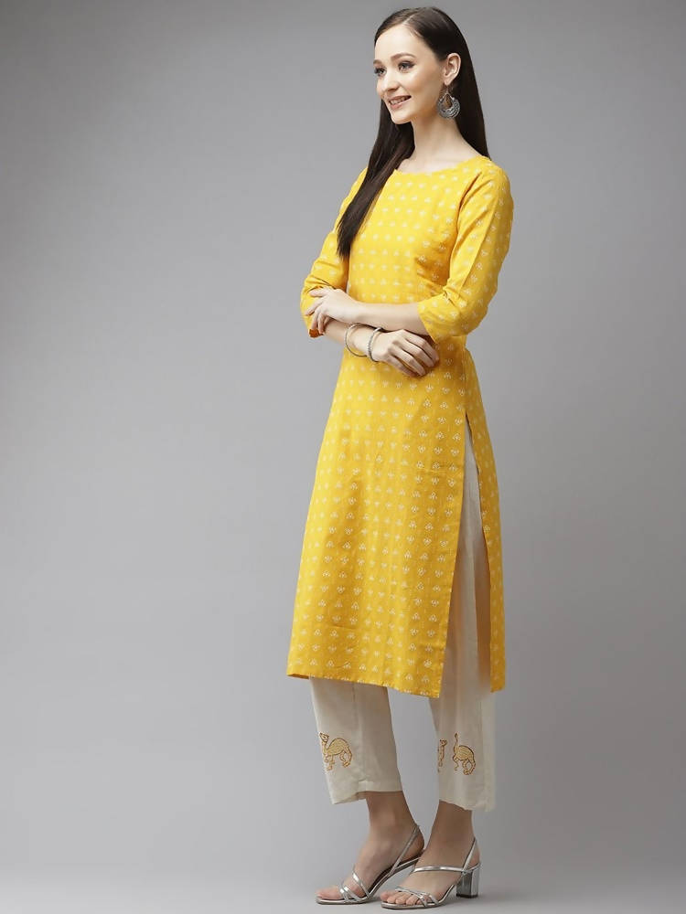Yufta Women Mustard Yellow Ethnic Motifs Pure Cotton Kurta with Trouser & With Dupatta | Grocsy
