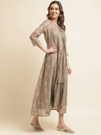 Brown Cotton Solid Flared Dress with Printed Shrug - Yukti | Grocsy
