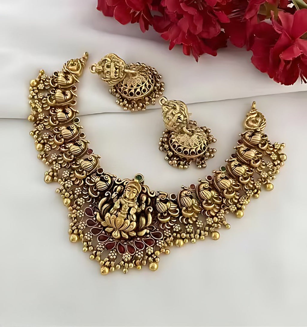 Jewel City Traditional Lakshmi Temple Necklace Set for Women Gold-Tone Bridal Jewelry with Earrings, Ethnic South Indian Choker | Grocsy