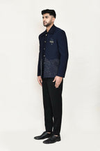 Joban Fashion Blue Colored Terry Rayon Based With Geometry Work Fabric Open Prince Coat, Jacket With Pant | Grocsy