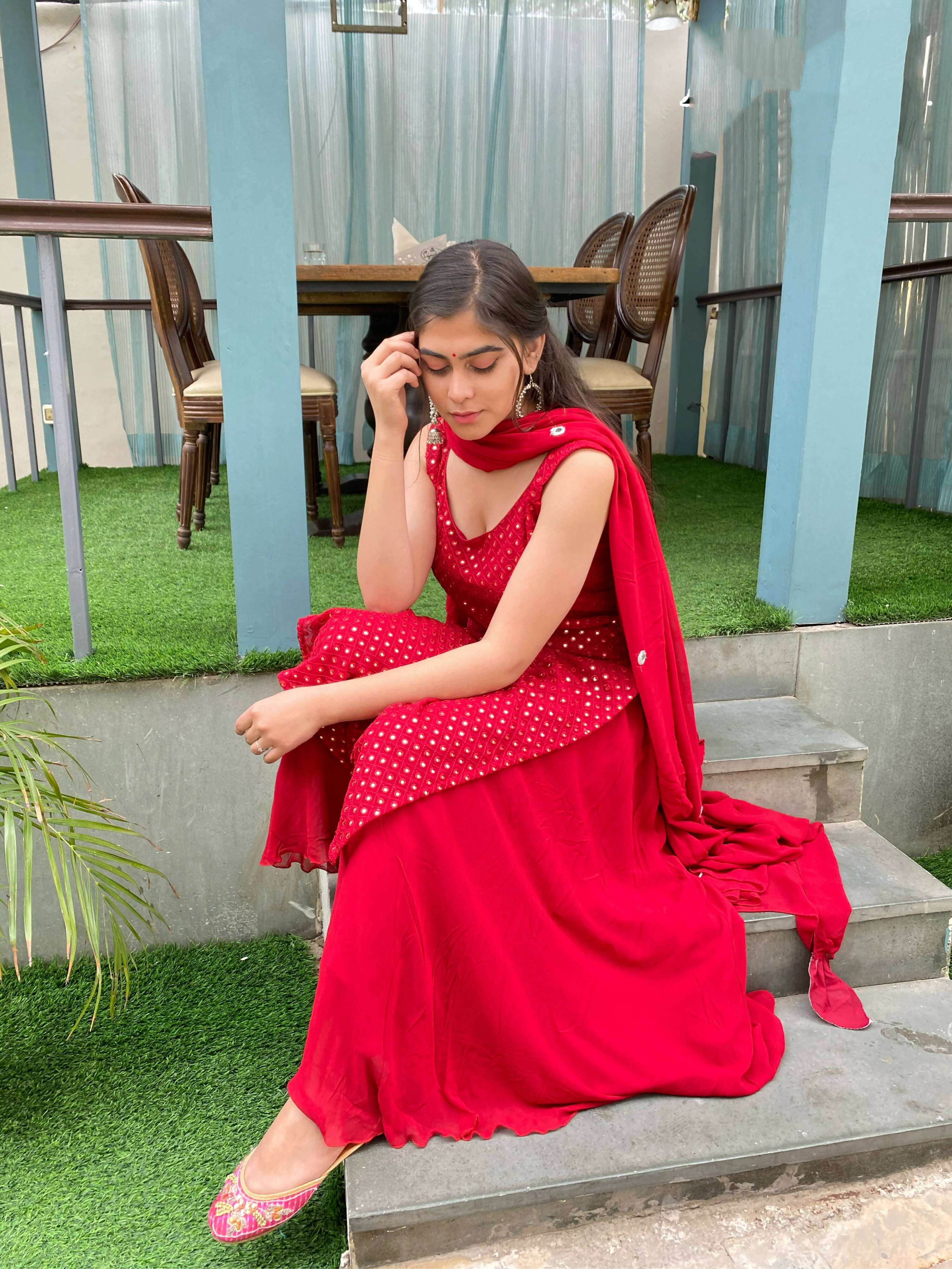 Partywear Designer Red Georgette Palazzo Suit - Anbazaar | Grocsy