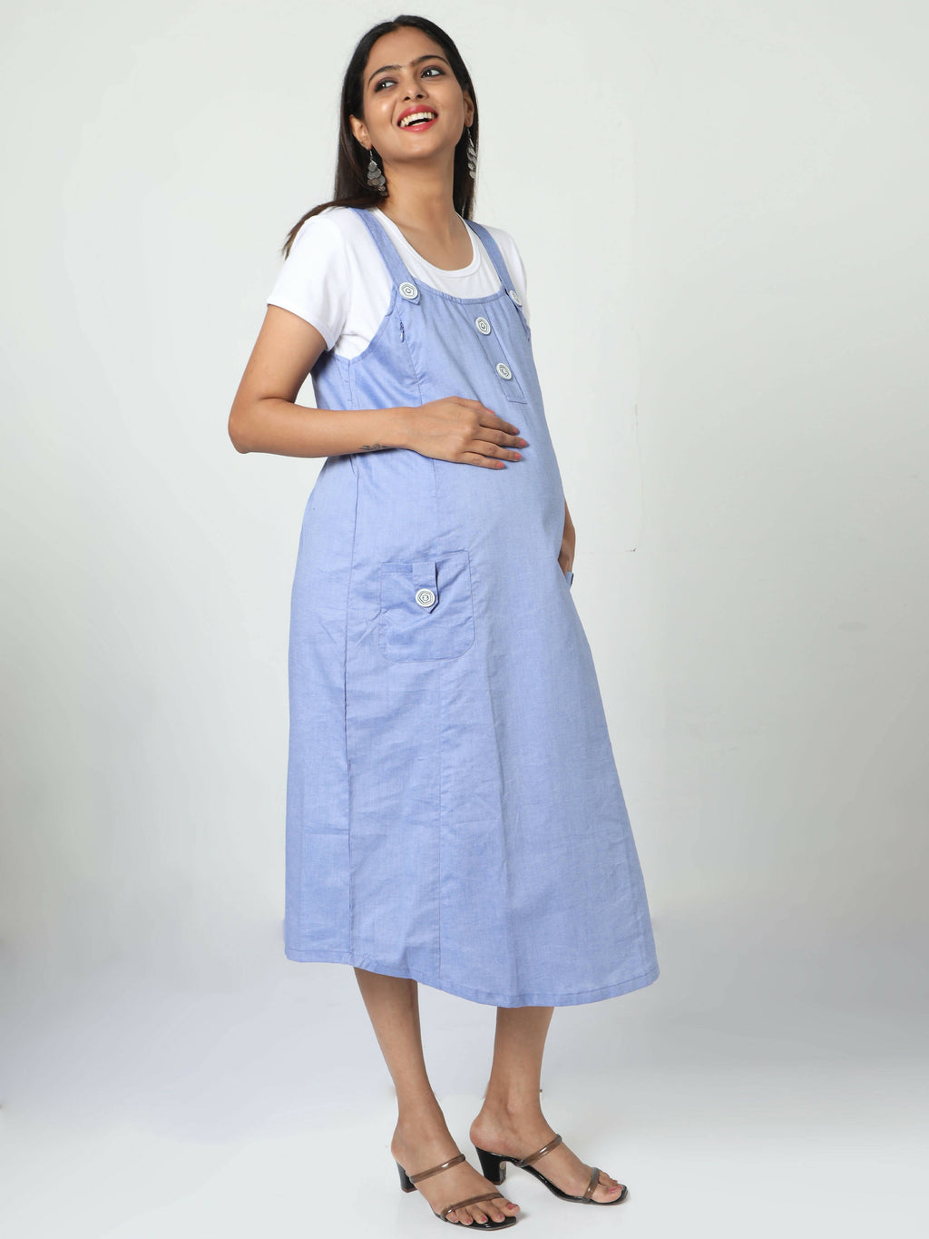 Manet Half Sleeves Solid Maternity Dress With Concealed Zipper Nursing Access - Blue | Grocsy