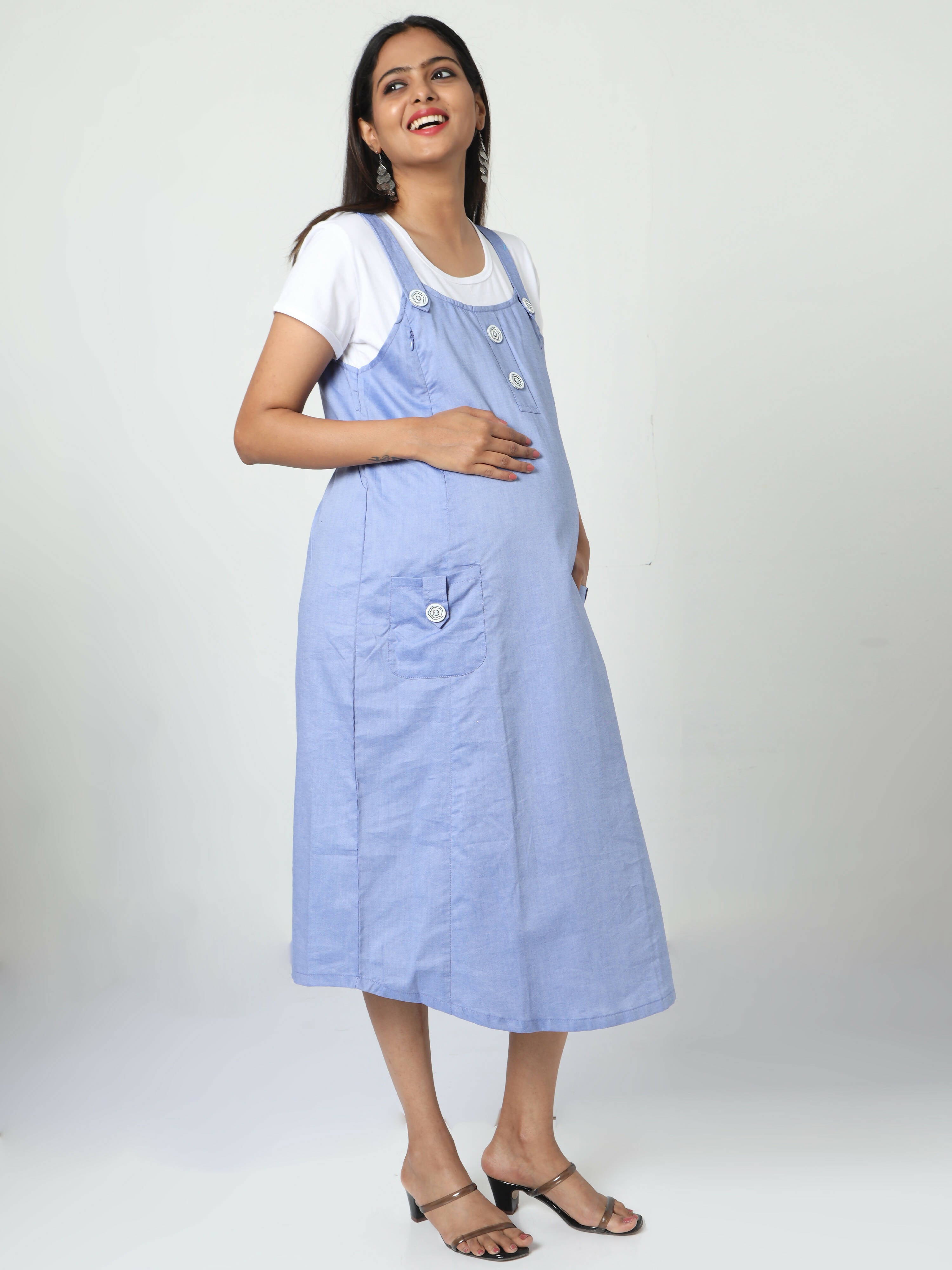 Manet Half Sleeves Solid Maternity Dress With Concealed Zipper Nursing Access - Blue | Grocsy