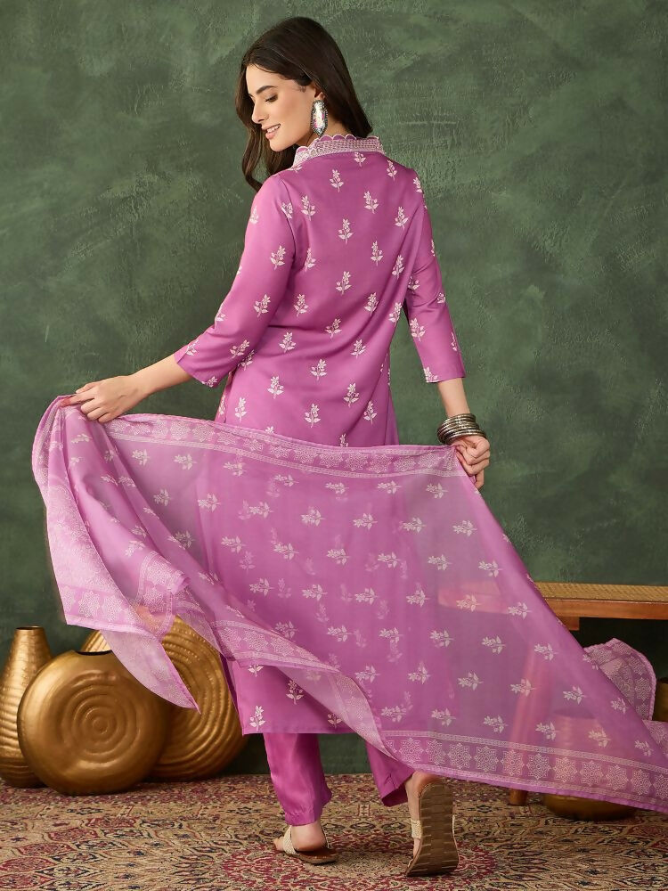 The52 Women's Gorgeous Rayon Fabric Printed Work Straight Kurta Pant and Dupatta Set | Grocsy