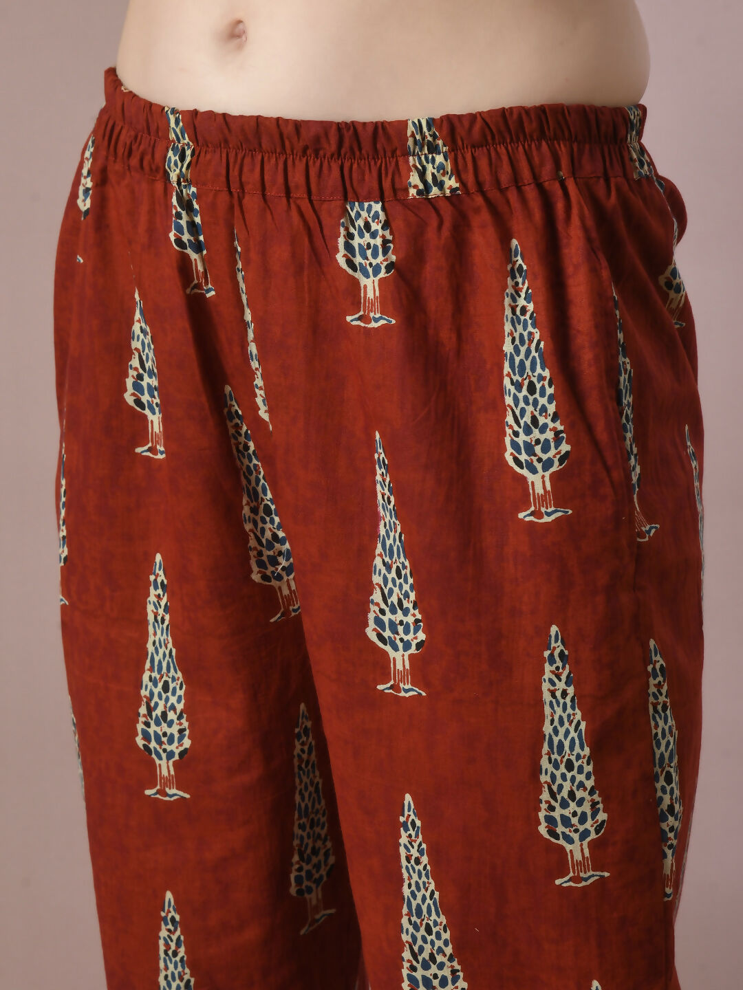 Myshka Women's Rust Printed Cotton Round Neck Party Tunic With Trousers Co-ord set | Grocsy