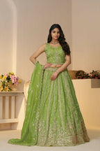 Kesar Fab Green Jimmy Choo Hand_Woven Lehenga | Grocsy