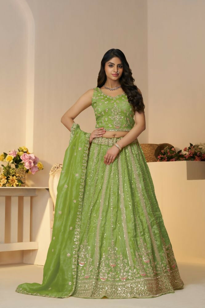 Kesar Fab Green Jimmy Choo Hand_Woven Lehenga | Grocsy