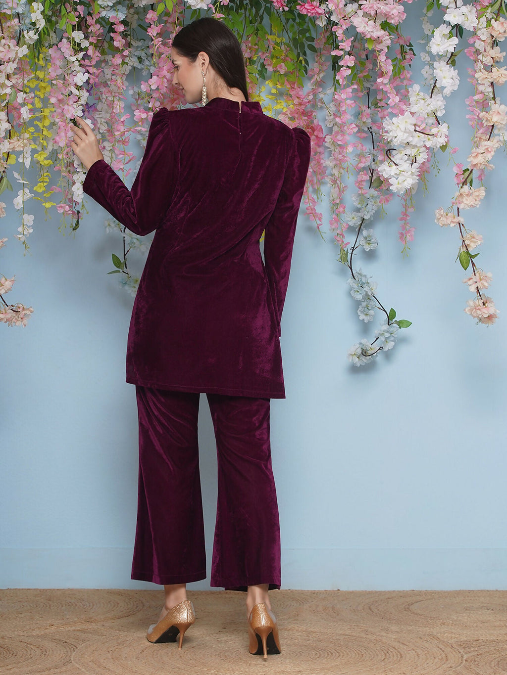 Joban Fashion Wine Velvet Hand Embellished Coord Set | Grocsy