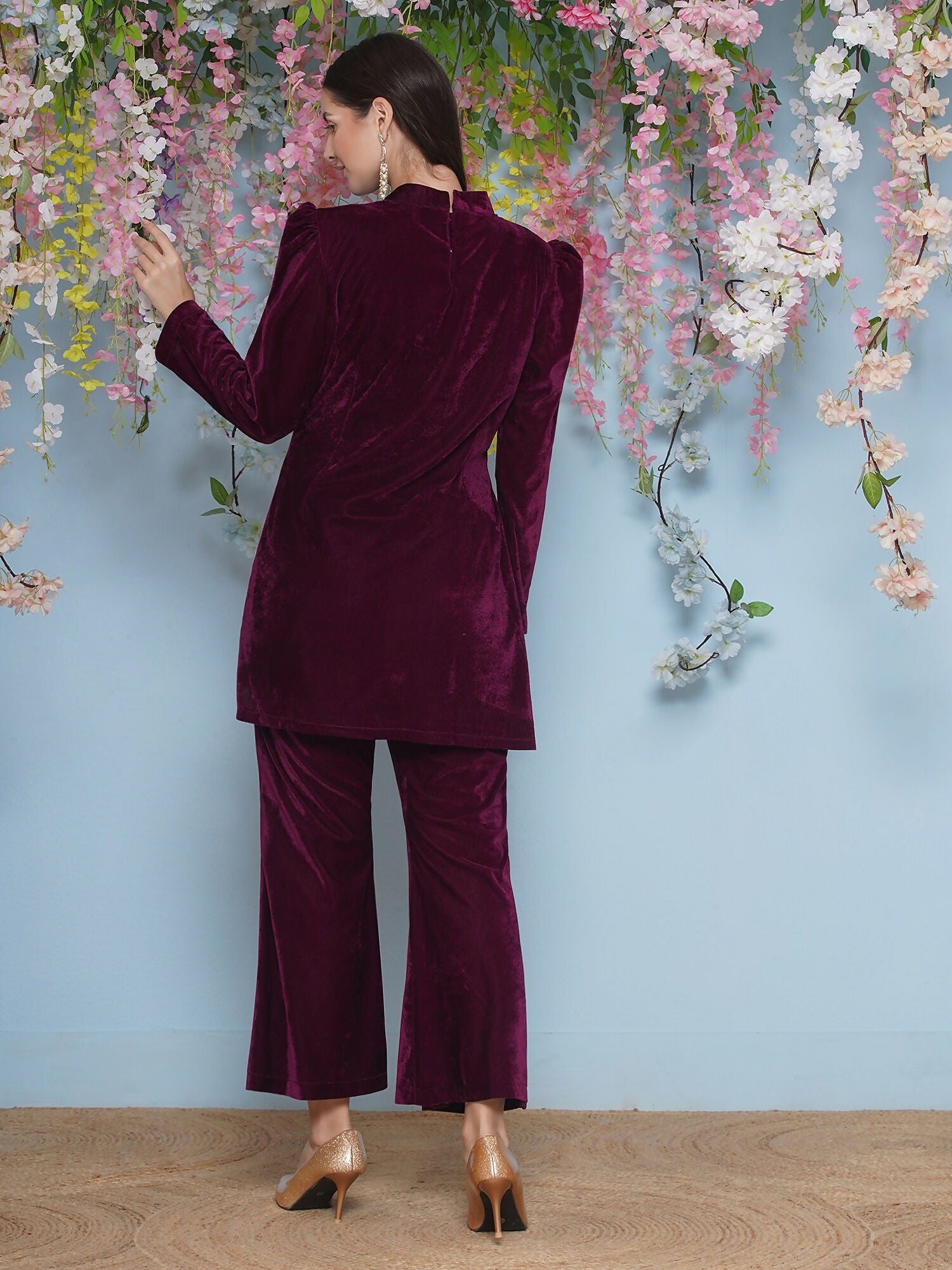Joban Fashion Wine Velvet Hand Embellished Coord Set | Grocsy