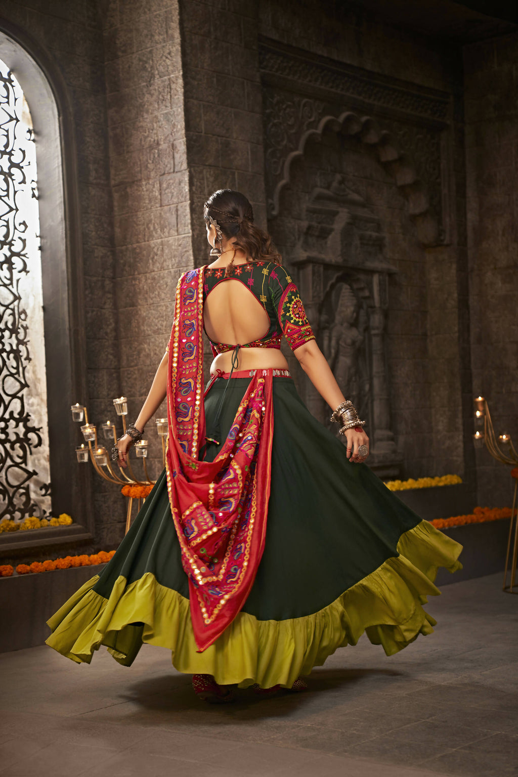 Green Viscose Rayon Thread Embroidered Navratri Lehenga Choli with Dupatta - Raas | Grocsy