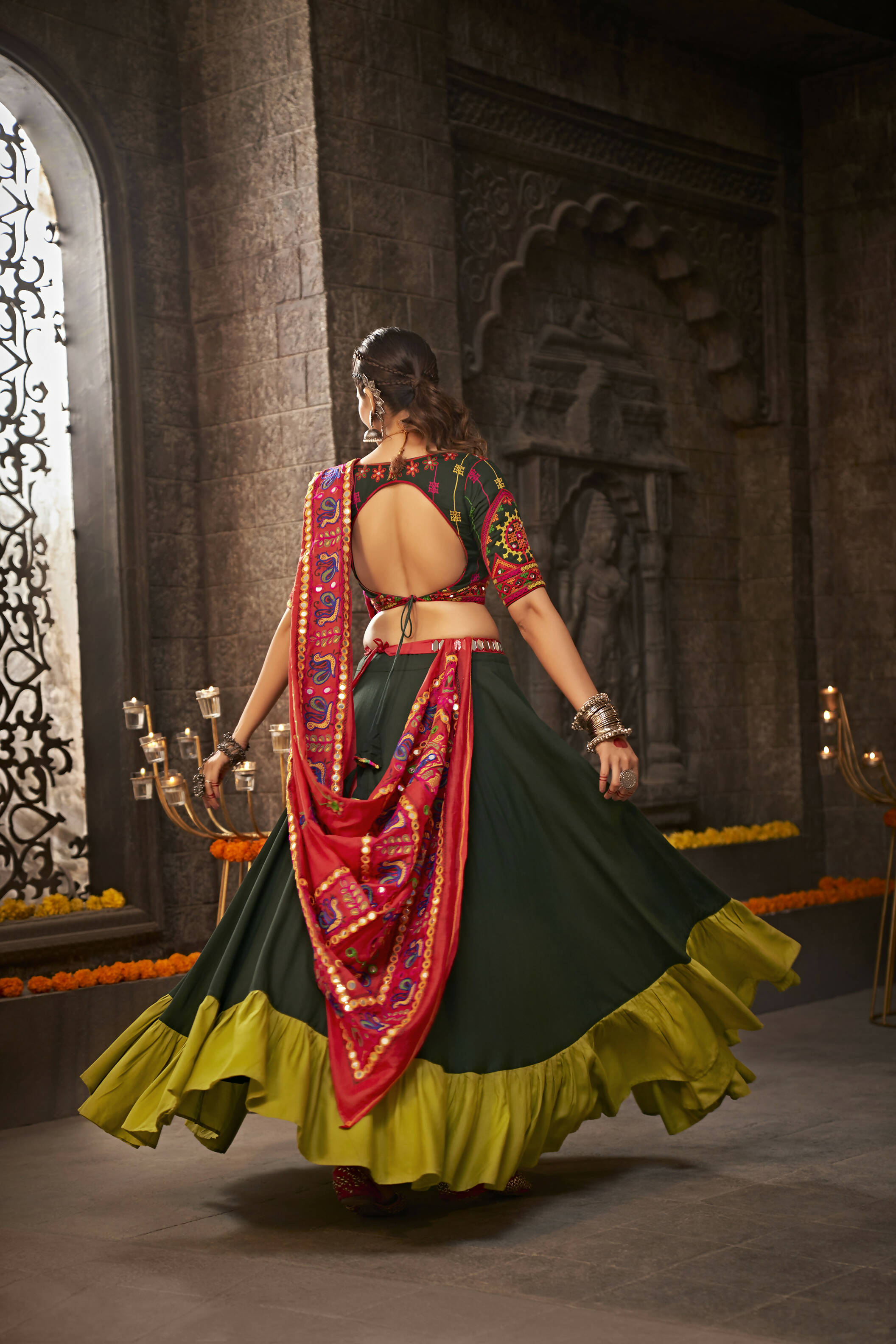 Green Viscose Rayon Thread Embroidered Navratri Lehenga Choli with Dupatta - Raas | Grocsy