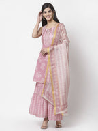 Myshka Women Peach Cotton Blend Printed Sleeveless Shoulder Straps Kurta With Sharara & Dupatta Set | Grocsy