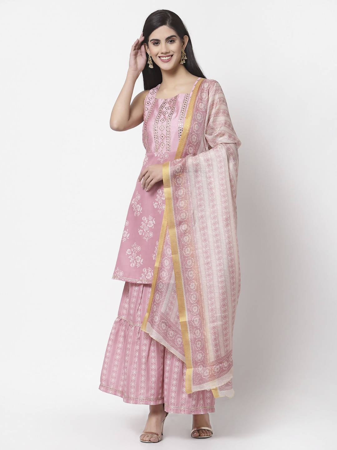 Myshka Women Peach Cotton Blend Printed Sleeveless Shoulder Straps Kurta With Sharara & Dupatta Set | Grocsy