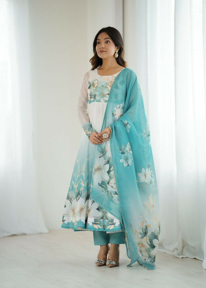 Joban Fashion Aqua Blue Kurta Set Organza Sequin Embroidery Work | Grocsy