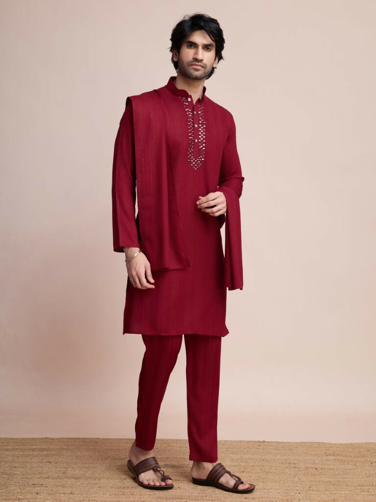 Vastranavya Traditional Festival Wear Viscose Thread & Sequence Embroidered Work Kurta Pant Set - Maroon | Grocsy