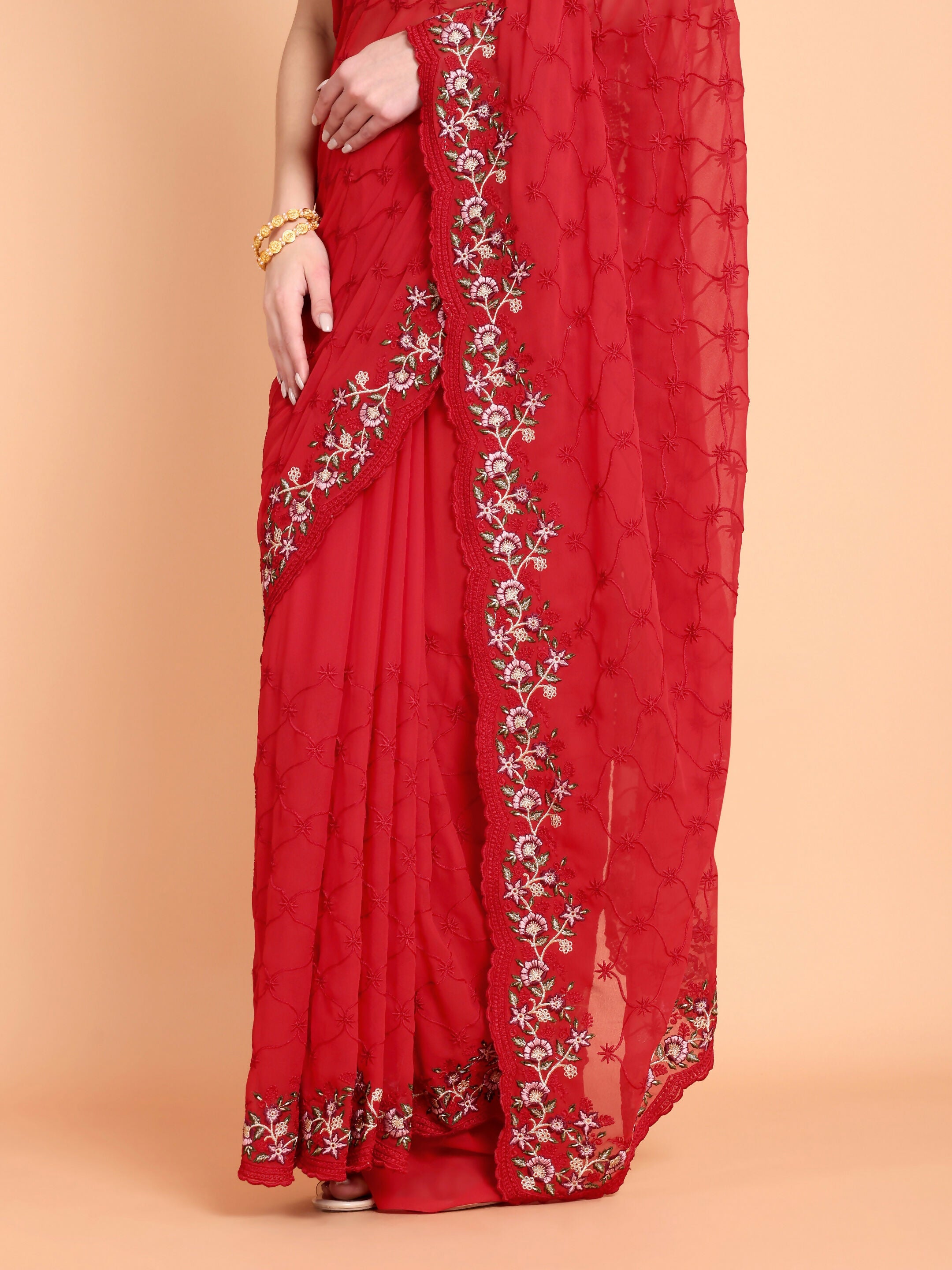 Vamsee Ammelia Red Georgette Saree | Grocsy