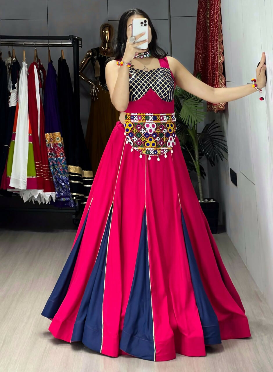 Yash Enterprise Gajari Navy Blue Rayon Cotton Embroidery Semi Stitched Navratri Top Chaniya Choli | Grocsy