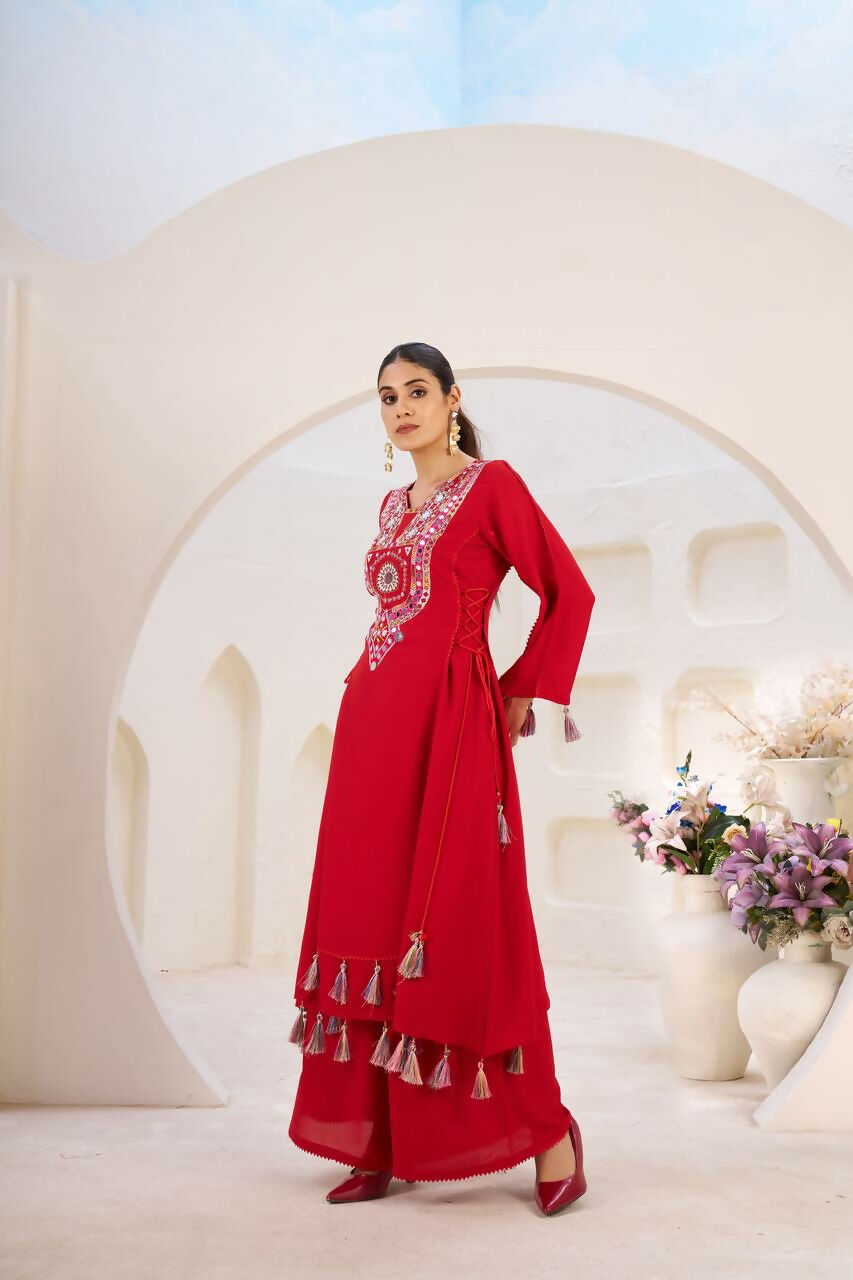 The52 Women's Gorgeous Rayon Fabric Thread Work Straight Kurta Palazzo Set | Grocsy