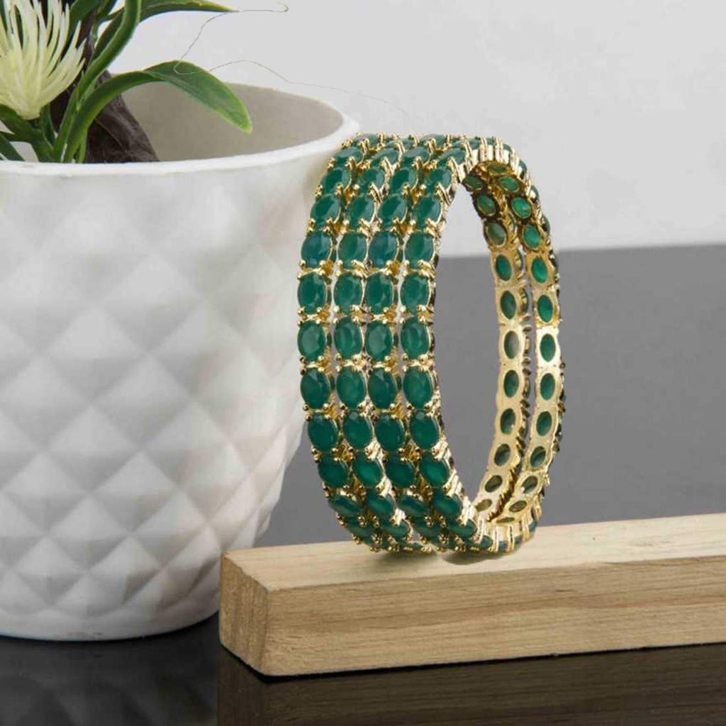 Gold-Polished Alloy American Diamond Combo Of Green & Silver Bangles - The Pari