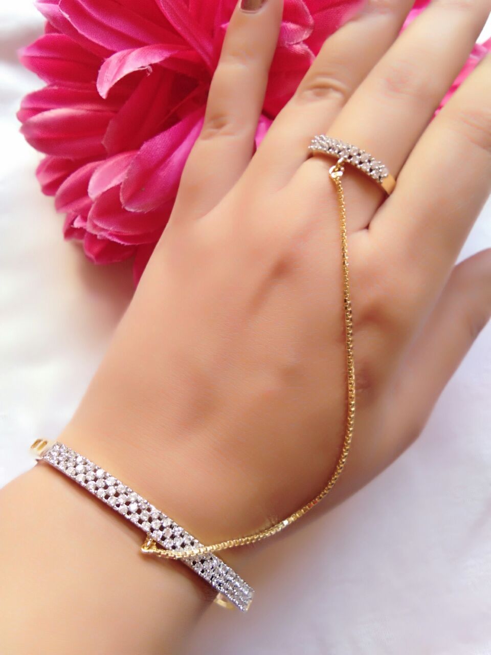 Gold-Polished Alloy American Diamond Hand Harness Bracelet - The Pari | Grocsy